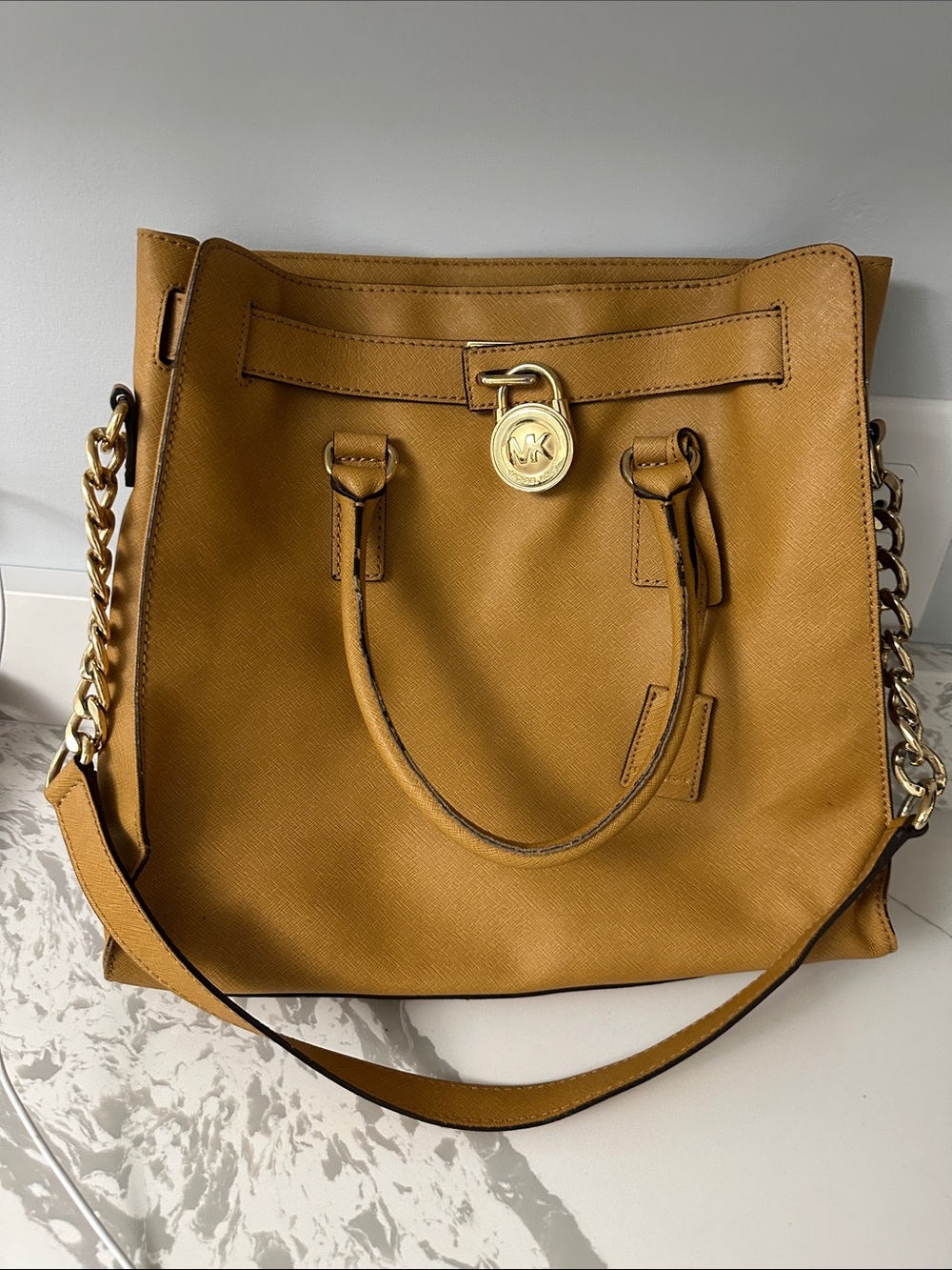 Michael Kors Mustard Yellow Saffiano Tote with Gold Hardware